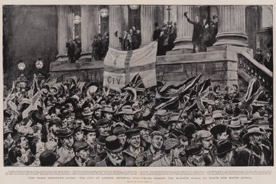彼らの国の大義のために、ロンドンの帝国志願者は南アフリカへ向かう途中の邸宅を通過 作： Frank Dadd